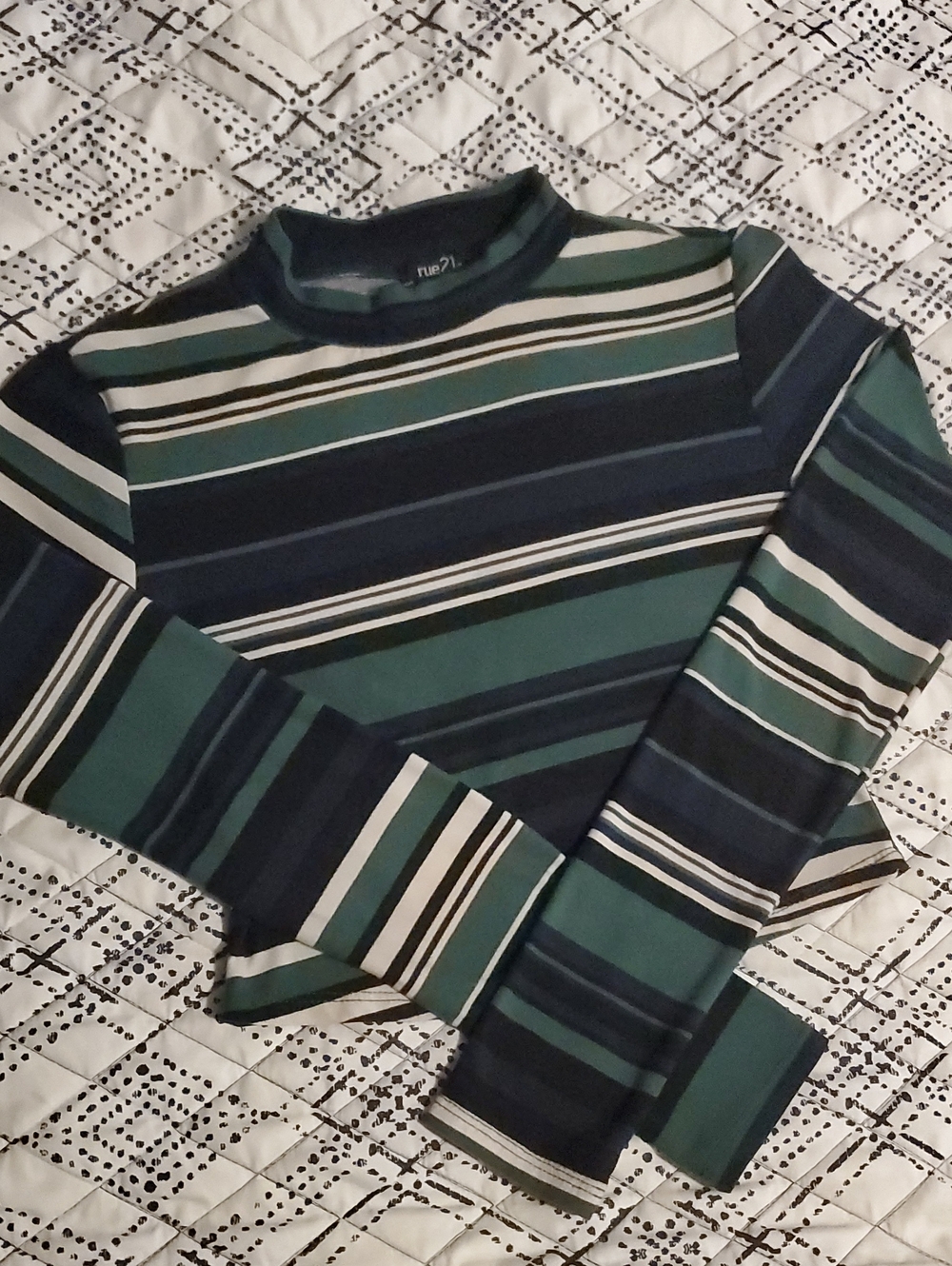 Emerald, Cream, Navy Blue & Black Striped Long Sleeve Crop Top